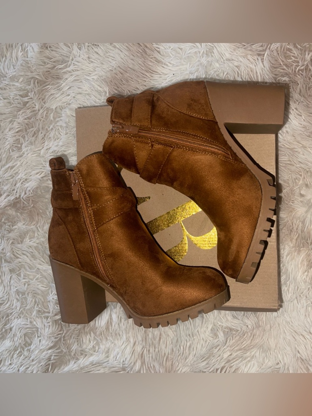 Charlotte Russe Tan Suede Buckle Block Heel Ankle Boots - Picture 2 of 4